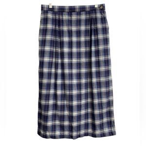 Lands' End Pleated Maxi Skirt Women Size 18 Blue White Plaid Side Zipper Cotton